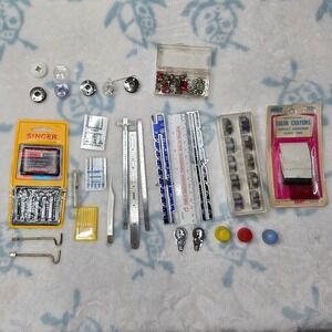 Vintage Sewing Notions Lot Singer Schmetz Needles Bobbins Gauges Tailor Crayons